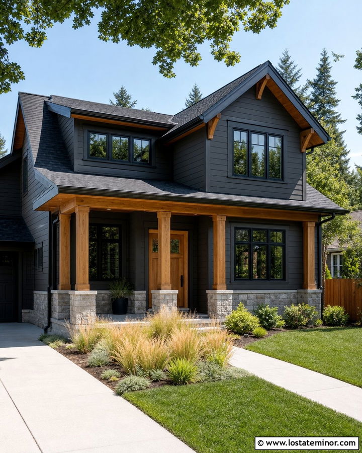 Charcoal Grey Siding With Natural Wood Accents - 30 Charcoal Grey House Design With Siding Ideas