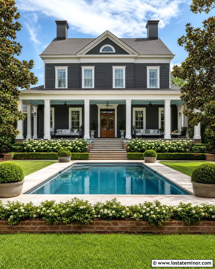 Charcoal Grey Southern House With Columned Pool Patio - 30 Charcoal Grey House Design With Swimming Pool Ideas