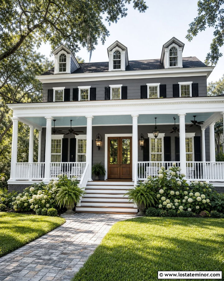 Charcoal Grey Southern House With Deep Front Porch - 30 Charcoal Grey House Design With Front Porch Ideas
