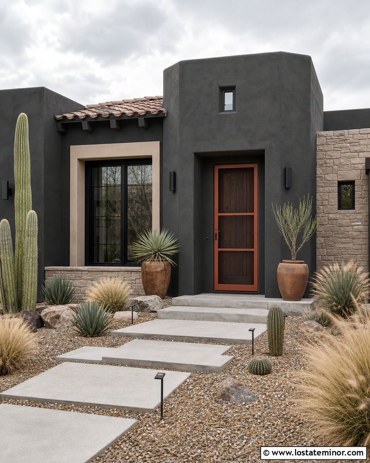 Charcoal Grey Southwestern House With Terracotta Screen Door - 30 Charcoal Grey House Design With Screen Door Ideas