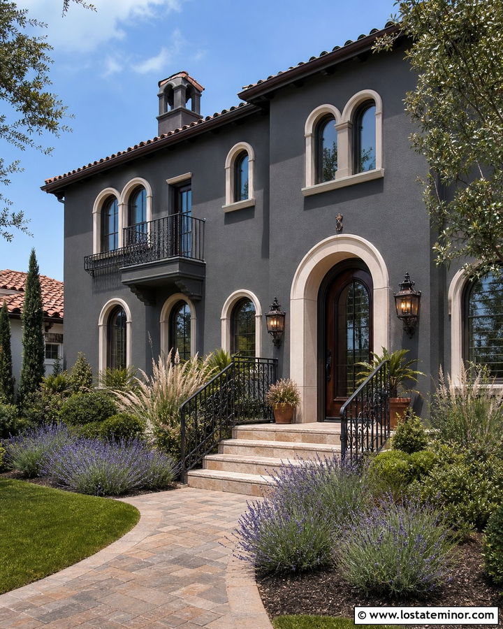 Charcoal Grey Spanish House With Arched Storm Door - 30 Charcoal Grey House Design With Storm Door Ideas