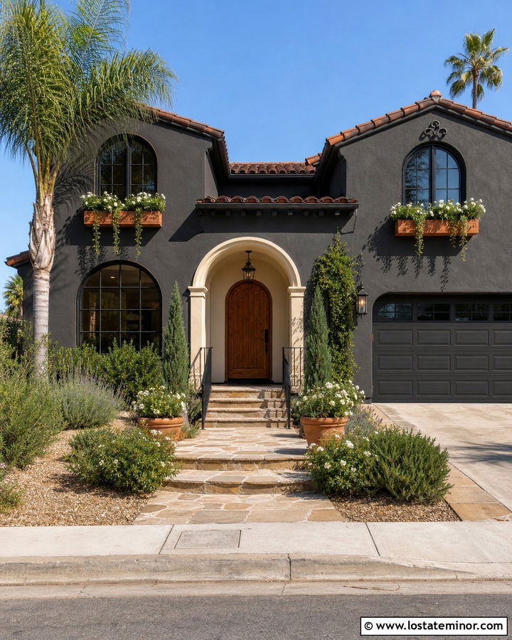 Charcoal Grey Spanish House With Terracotta Window Boxes - 30 Charcoal Grey House Design With Window Boxes Ideas