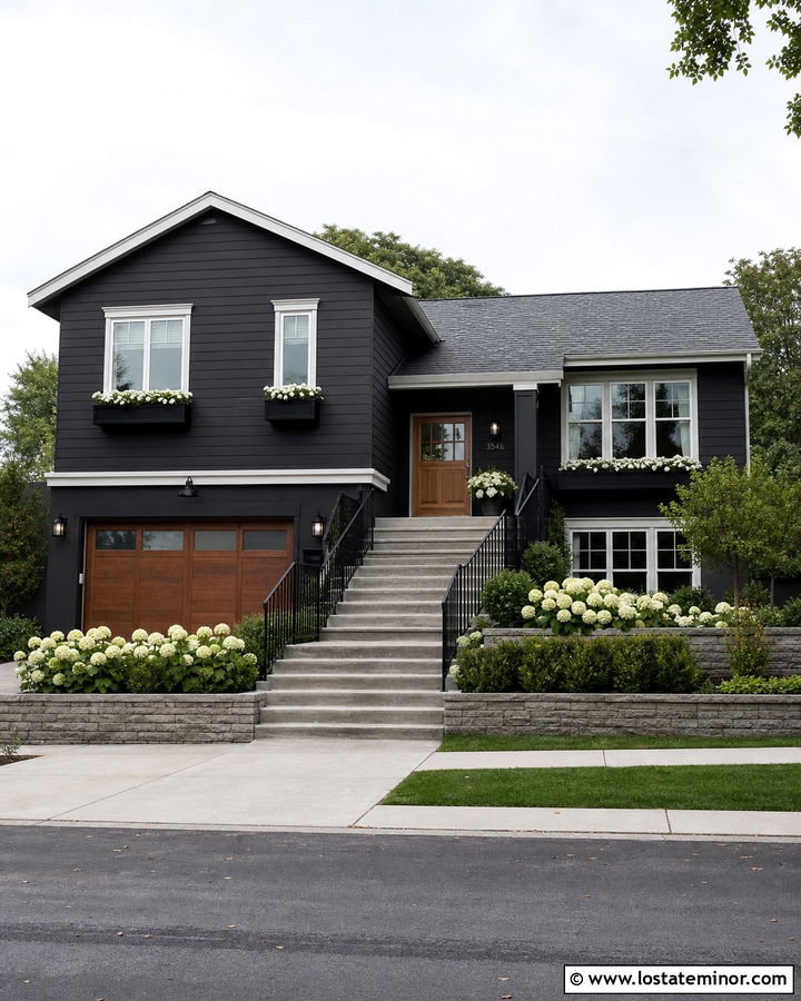 Charcoal Grey Split Level House With Black Window Boxes - 30 Charcoal Grey House Design With Window Boxes Ideas