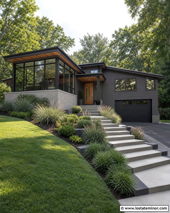 Charcoal Grey Split Level House With Corner Sunroom - 30 Charcoal Grey House Design With Sunroom Ideas