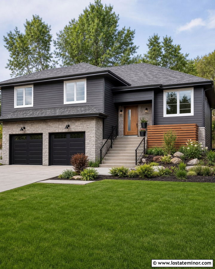 Charcoal Grey Split Level House With Mixed Gray Shingles - 30 Charcoal Grey House Design With Shingles Ideas