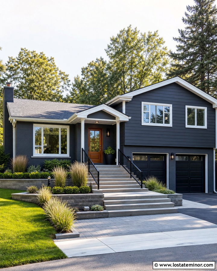 Charcoal Grey Split Level House With Paver Steps - 30 Charcoal Grey House Design With Steps Ideas