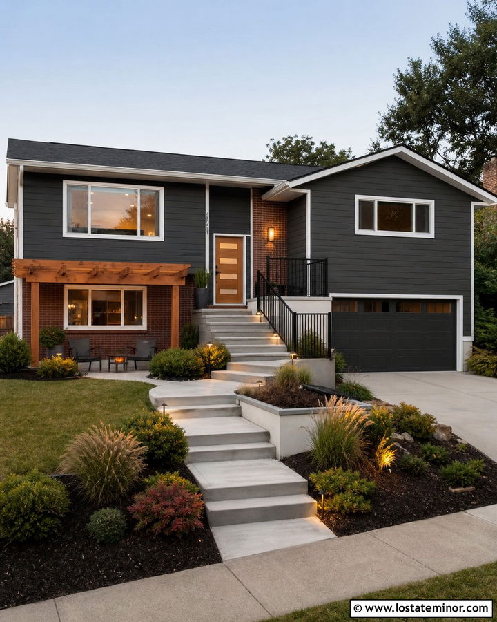 Charcoal Grey Split Level House With Pergola - 30 Charcoal Grey House Design With Pergola Ideas