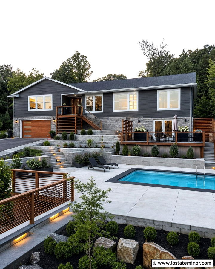Charcoal Grey Split Level House With Raised Pool Deck - 30 Charcoal Grey House Design With Swimming Pool Ideas