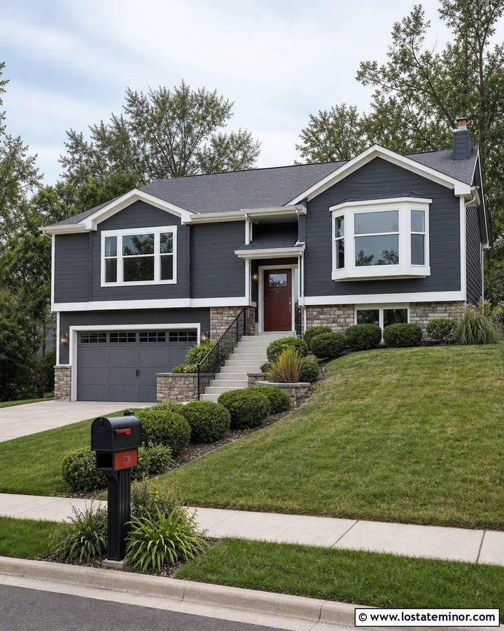 Charcoal Grey Split Level House With Red Mailbox Accent - 30 Charcoal Grey House Design With Mailbox Ideas