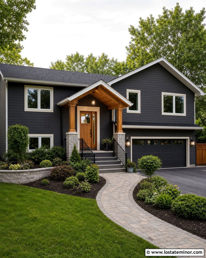 Charcoal Grey Split Level House With Side Portico - 30 Charcoal Grey House Design With Portico Ideas