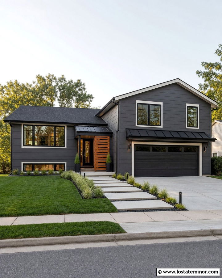 Charcoal Grey Split Level With Black Window Awnings - 30 Charcoal Grey House Design With Awning Ideas