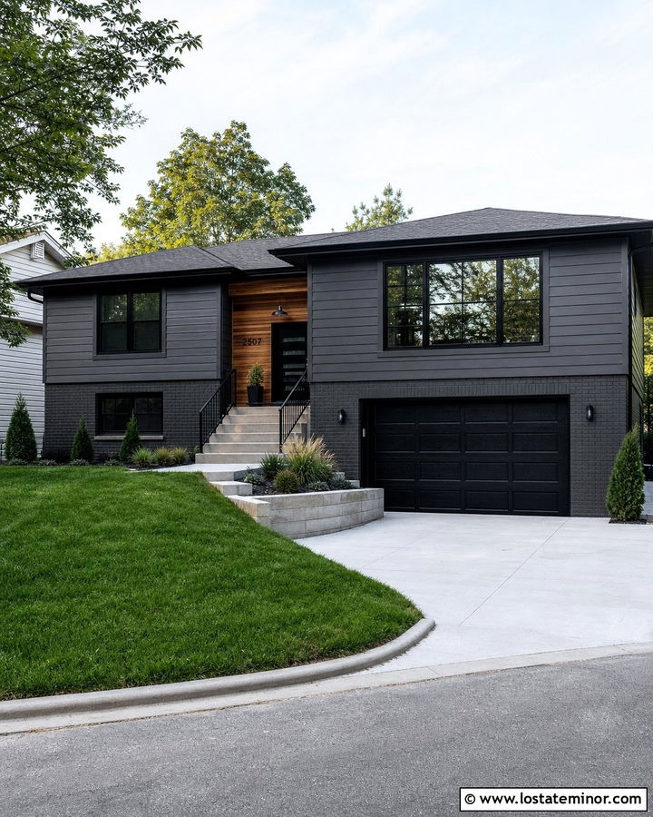 Charcoal Grey Split Level With Black Window Frames - 30 Charcoal Grey House Design With Window Frames Ideas