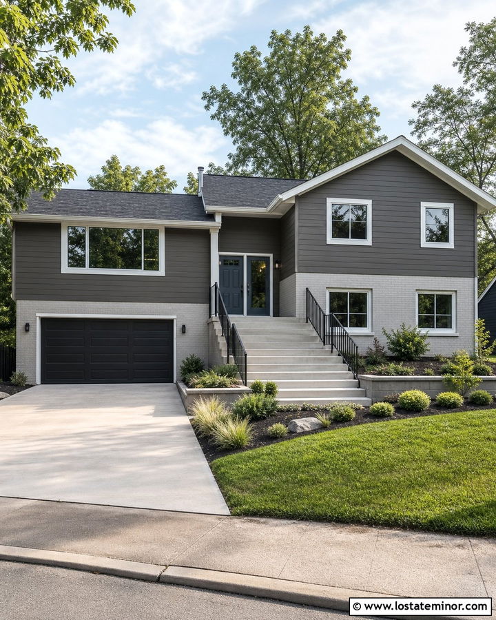 Charcoal Grey Split Level With Blue Grey Storm Door - 30 Charcoal Grey House Design With Storm Door Ideas