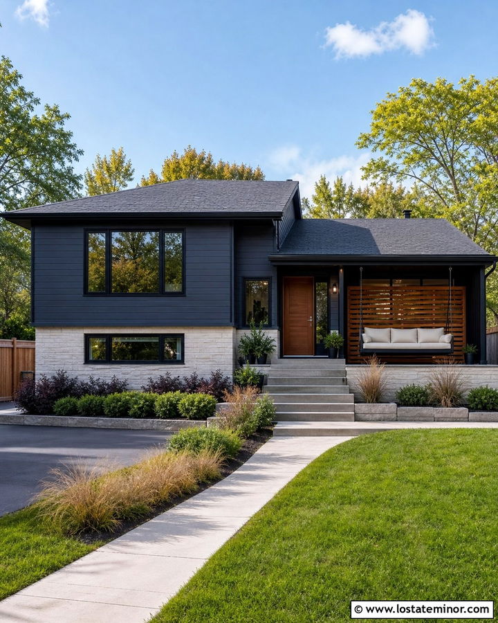 Charcoal Grey Split Level With Canopy Swing - 30 Charcoal Grey House Design With Swing Ideas
