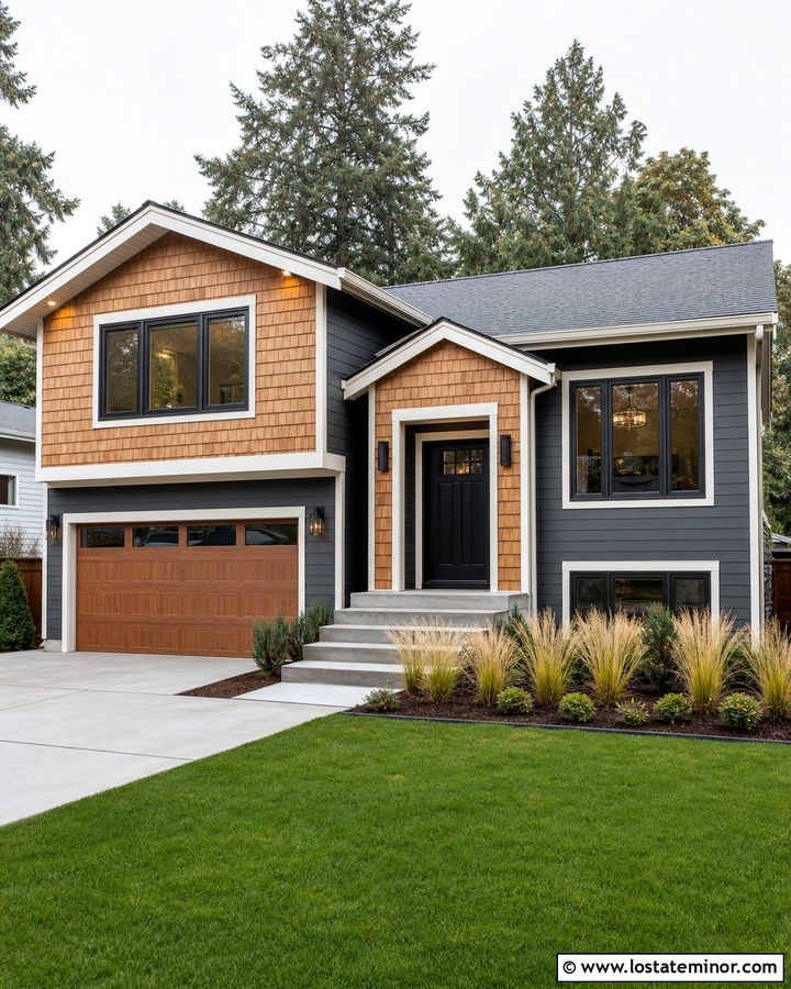 Charcoal Grey Split Level With Cedar Shake Panels - 30 Charcoal Grey House Design With Cedar Shake Ideas