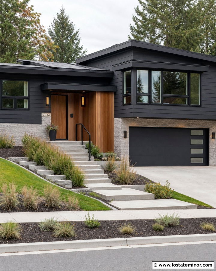 Charcoal Grey Split Level With Geometric Sconces - 30 Charcoal Grey House Design With Light Fixtures Ideas