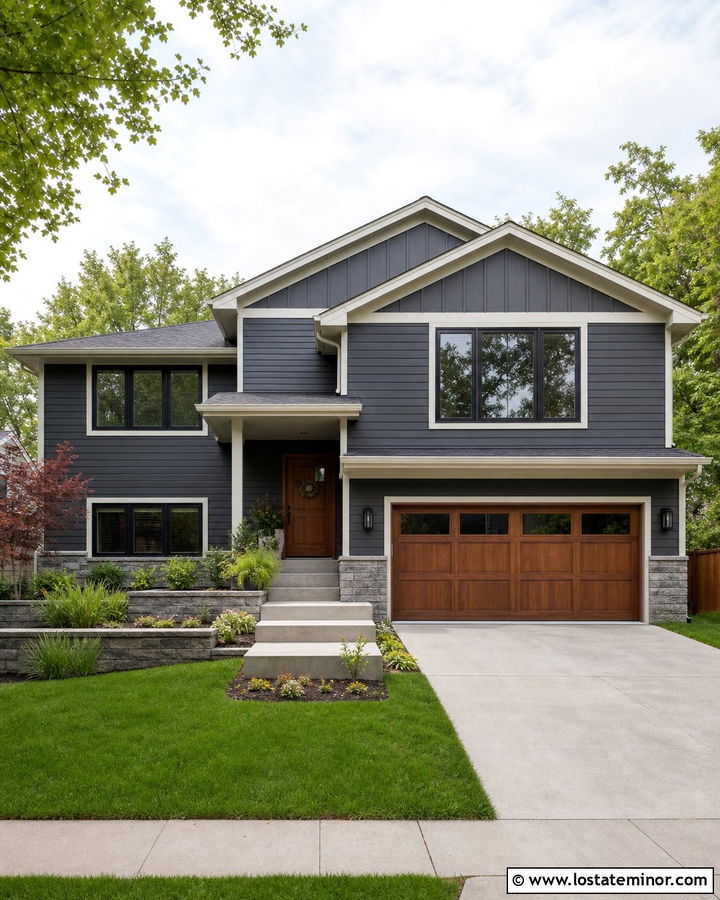 Charcoal Grey Split Level With Layered Gables - 30 Charcoal Grey House Design With Gables Ideas