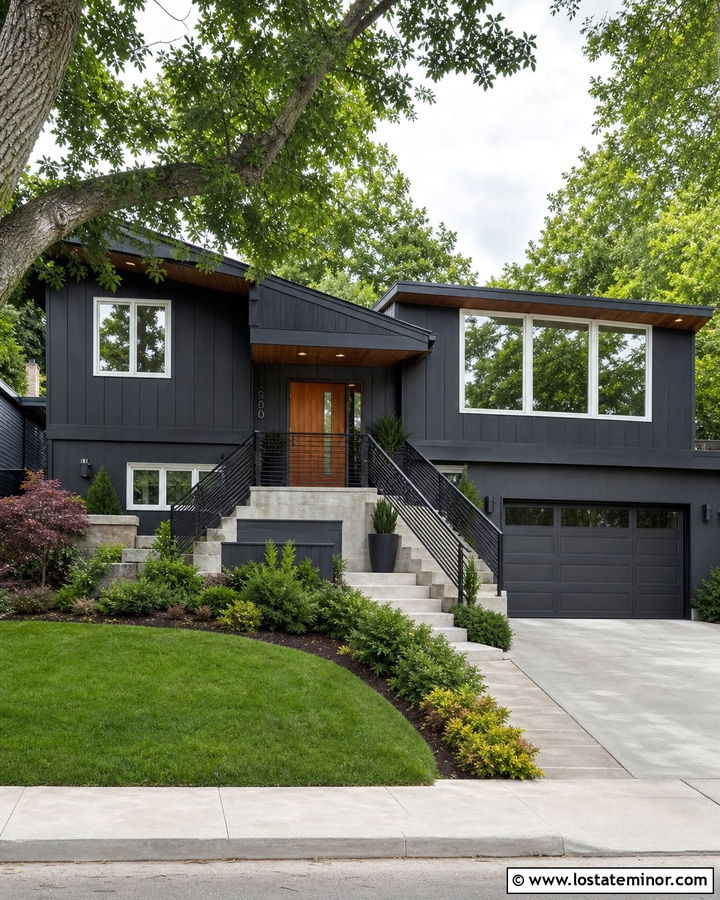 Charcoal Grey Split Level With Stair Railings - 30 Charcoal Grey House Design With Railings Ideas