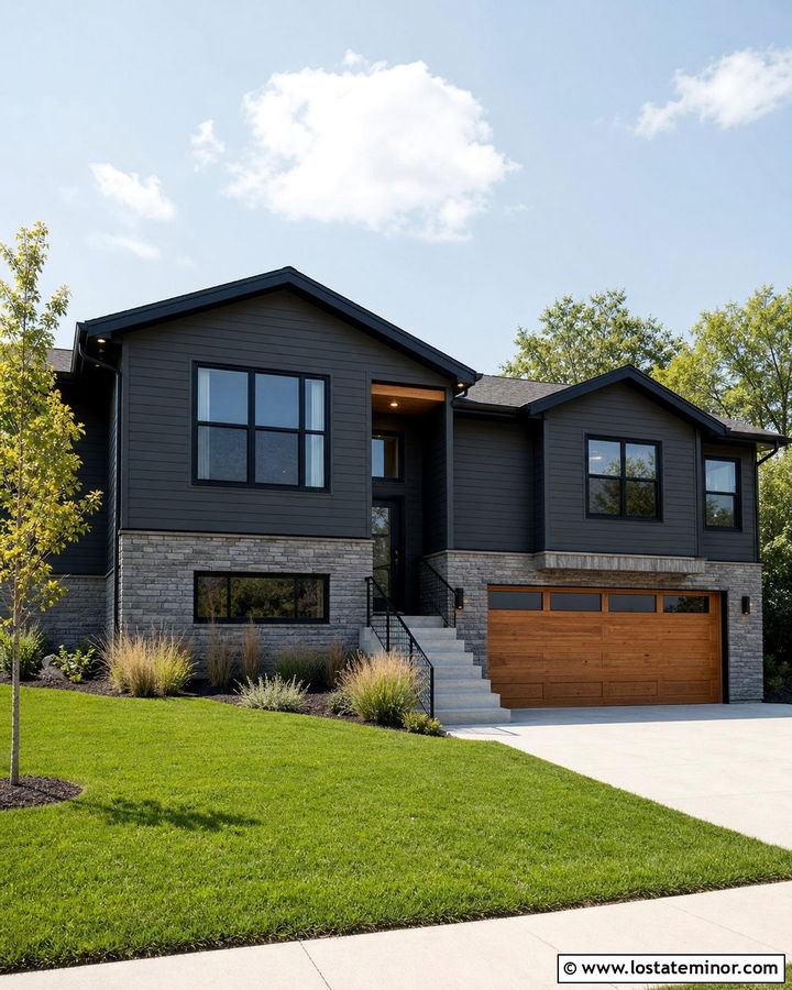 Charcoal Grey Split Level With Stone Wainscoting - 30 Charcoal Grey House Design With Wainscoting Ideas