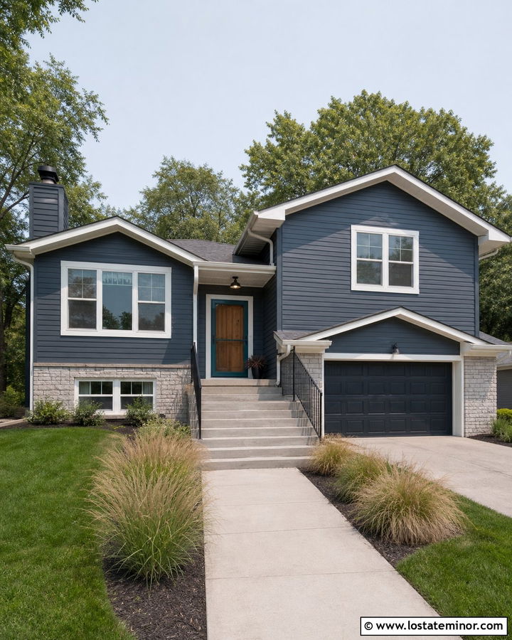 Charcoal Grey Split Level With Teal Screen Door - 30 Charcoal Grey House Design With Screen Door Ideas