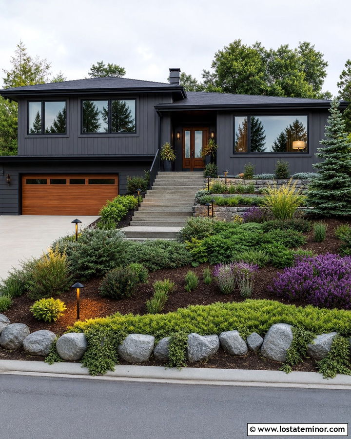 Charcoal Grey Split Level With Terraced Beds - 30 Charcoal Grey House Design With Front Yard Ideas