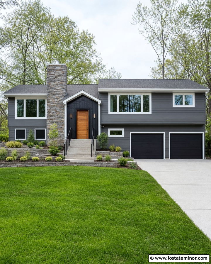 Charcoal Grey Split Level With Vertical Stone Chimney - 30 Charcoal Grey House Design With Chimney Ideas