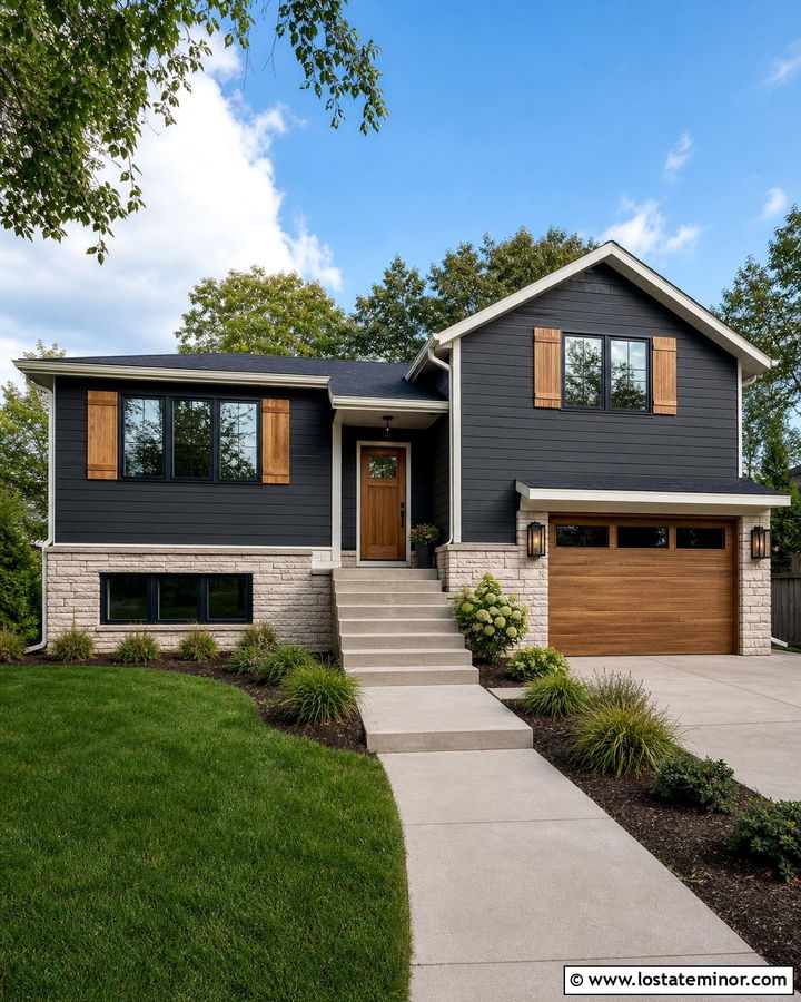Charcoal Grey Split Level With Wood Shutters - 30 Charcoal Grey House Design With Shutters Ideas