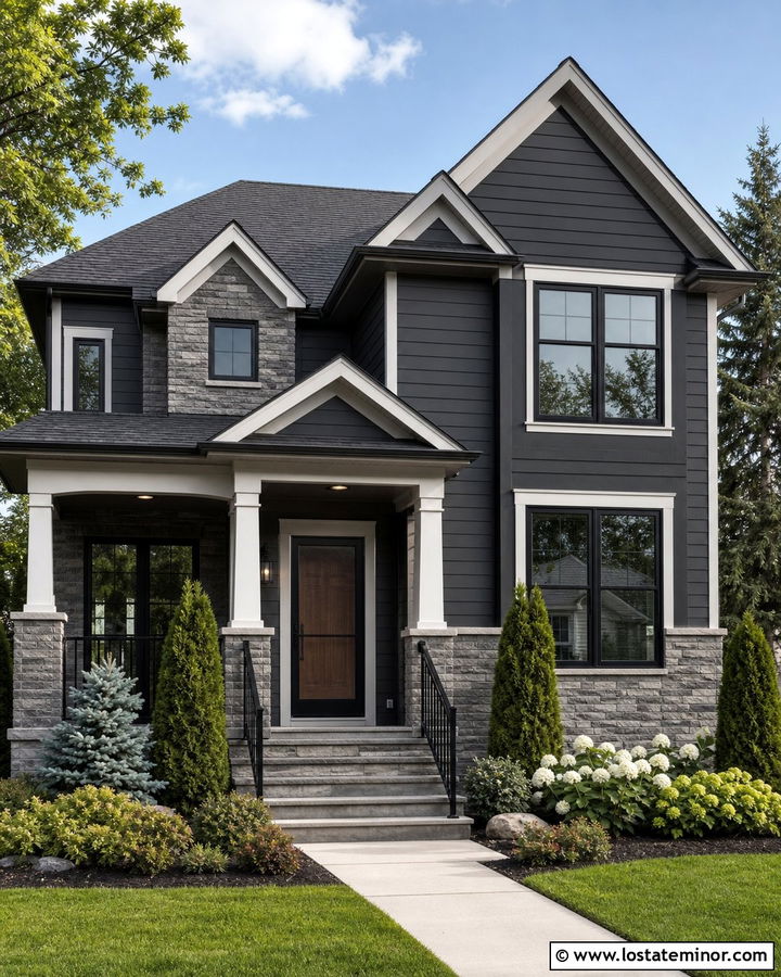 Charcoal Grey Stone House With Black Screen Door - 30 Charcoal Grey House Design With Screen Door Ideas