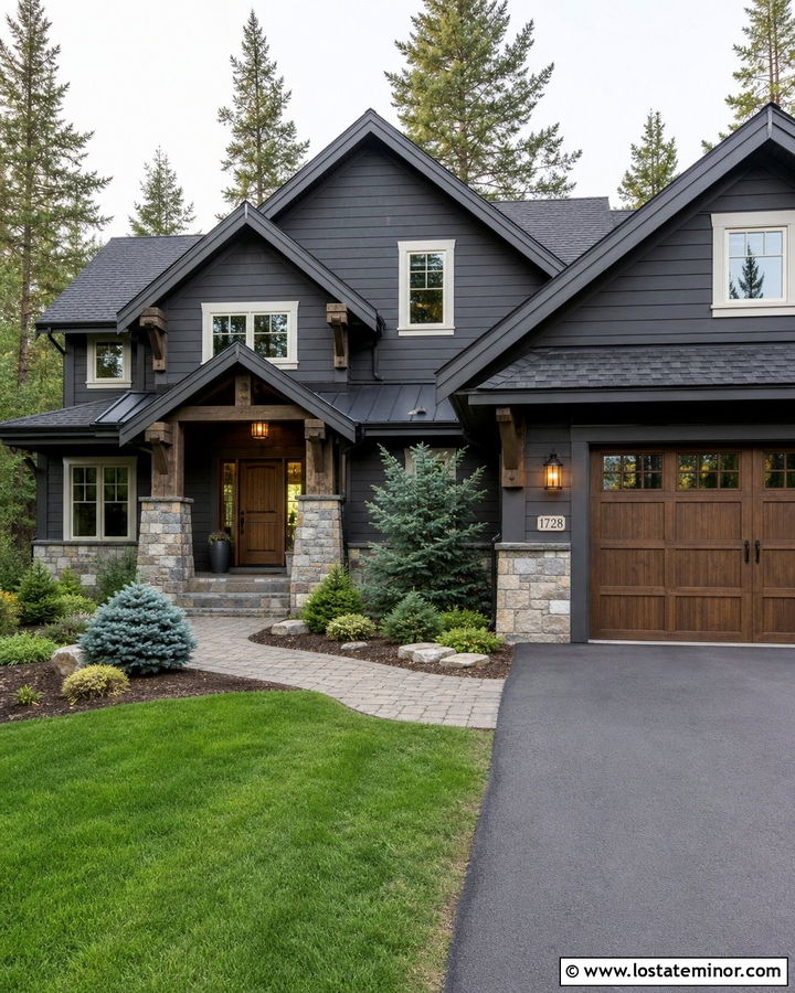Charcoal Grey Stone House With Entrance Awning - 30 Charcoal Grey House Design With Awning Ideas