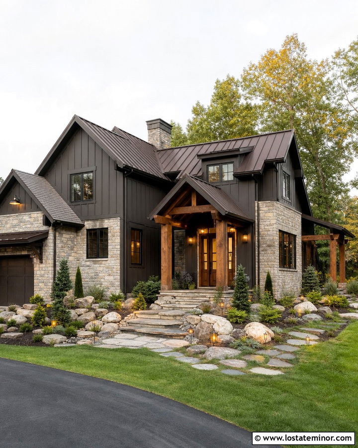 Charcoal Grey Stone House With Rustic Bronze Sconces - 30 Charcoal Grey House Design With Light Fixtures Ideas