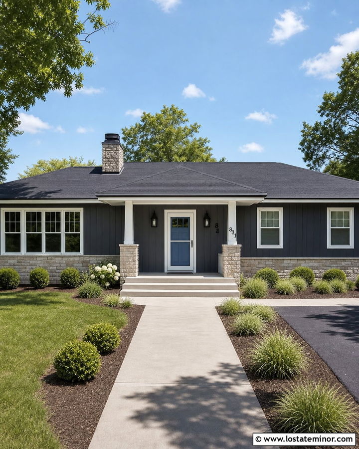 Charcoal Grey Stone Ranch With White Storm Door - 30 Charcoal Grey House Design With Storm Door Ideas