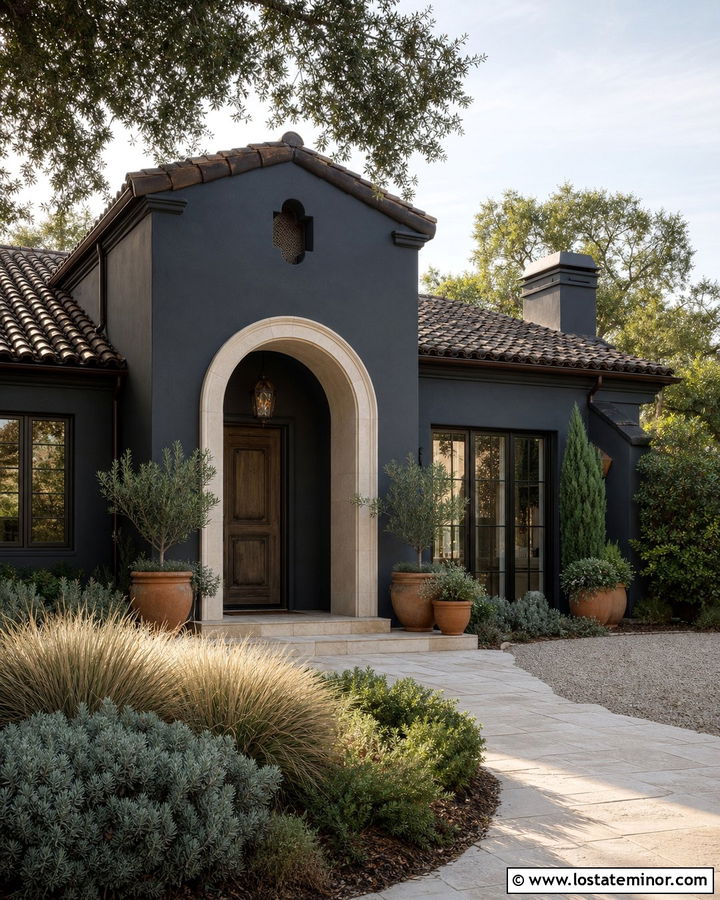 Charcoal Grey Stucco House With Arched Portico - 30 Charcoal Grey House Design With Portico Ideas