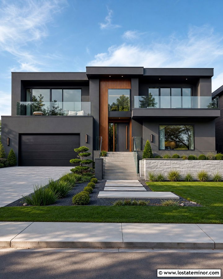 Charcoal Grey Stucco House With Glass Railings - 30 Charcoal Grey House Design With Railings Ideas