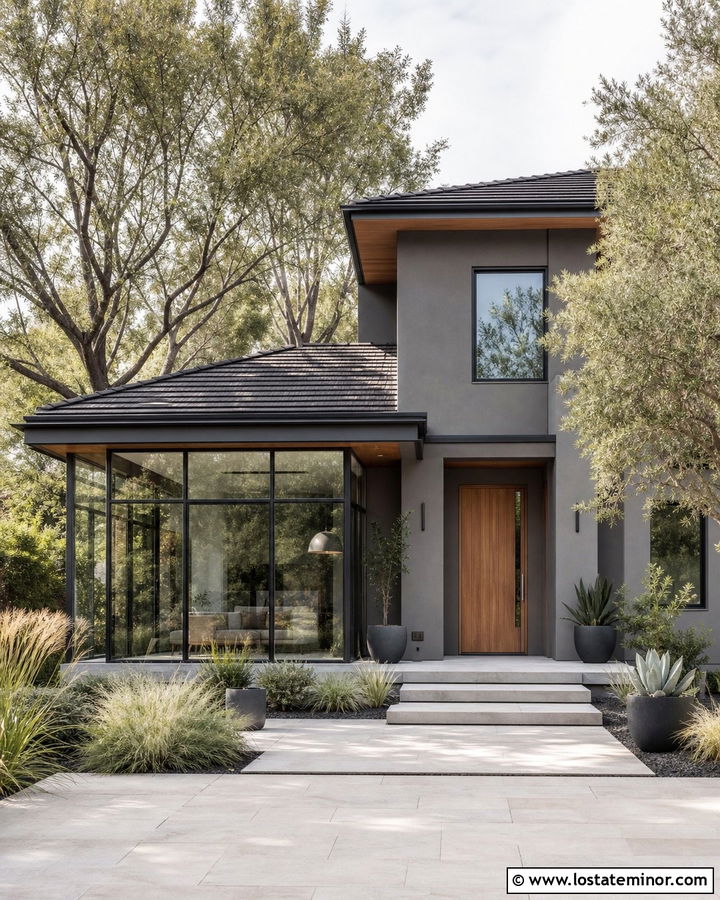 Charcoal Grey Stucco House With Glass Sunroom - 30 Charcoal Grey House Design With Sunroom Ideas