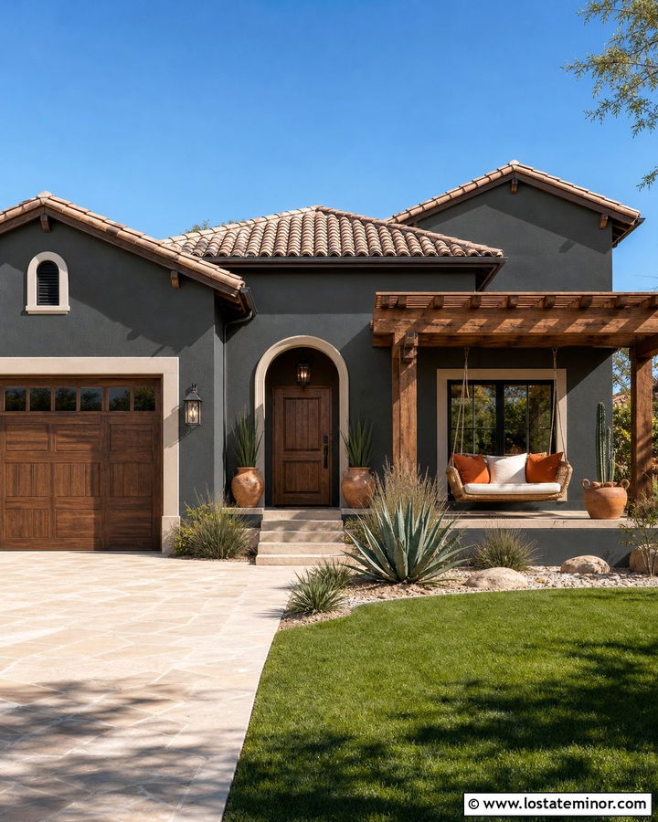 Charcoal Grey Stucco House With Rattan Swing - 30 Charcoal Grey House Design With Swing Ideas