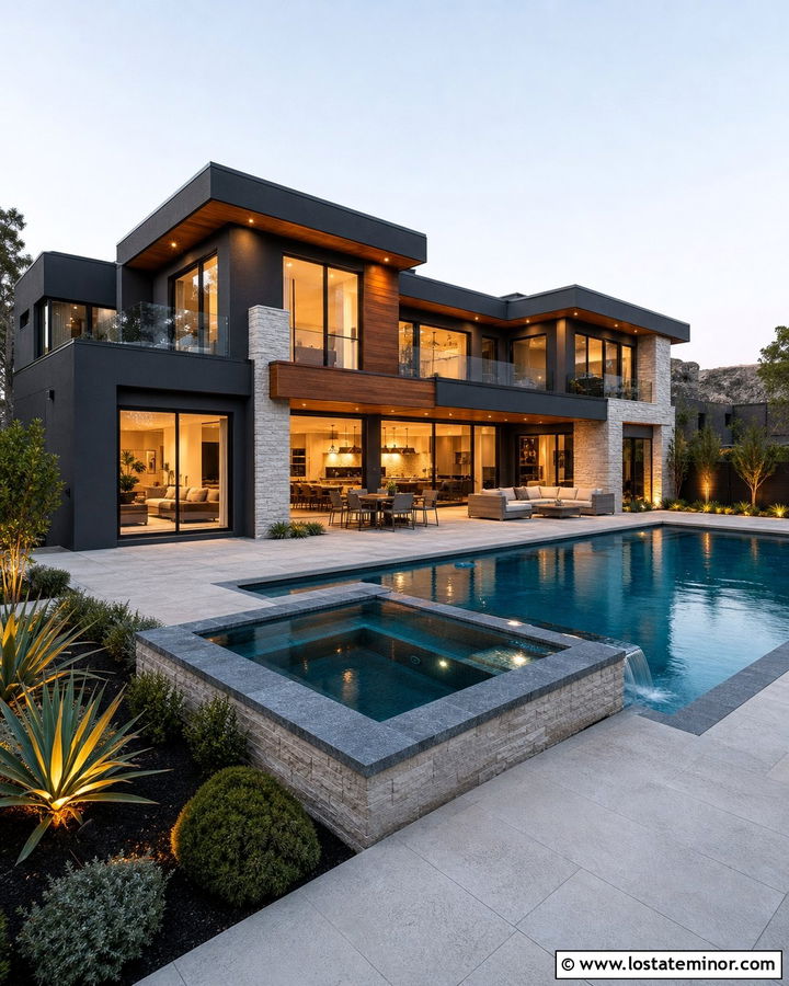Charcoal Grey Stucco House With Spa Pool - 30 Charcoal Grey House Design With Swimming Pool Ideas