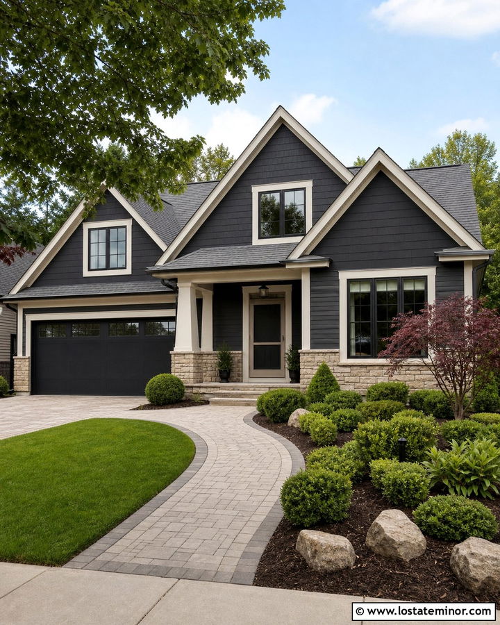 Charcoal Grey Suburban House With Greige Screen Door - 30 Charcoal Grey House Design With Screen Door Ideas