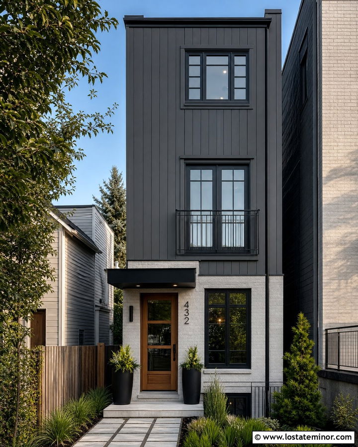 Charcoal Grey Townhouse With Cantilevered Awning - 30 Charcoal Grey House Design With Awning Ideas