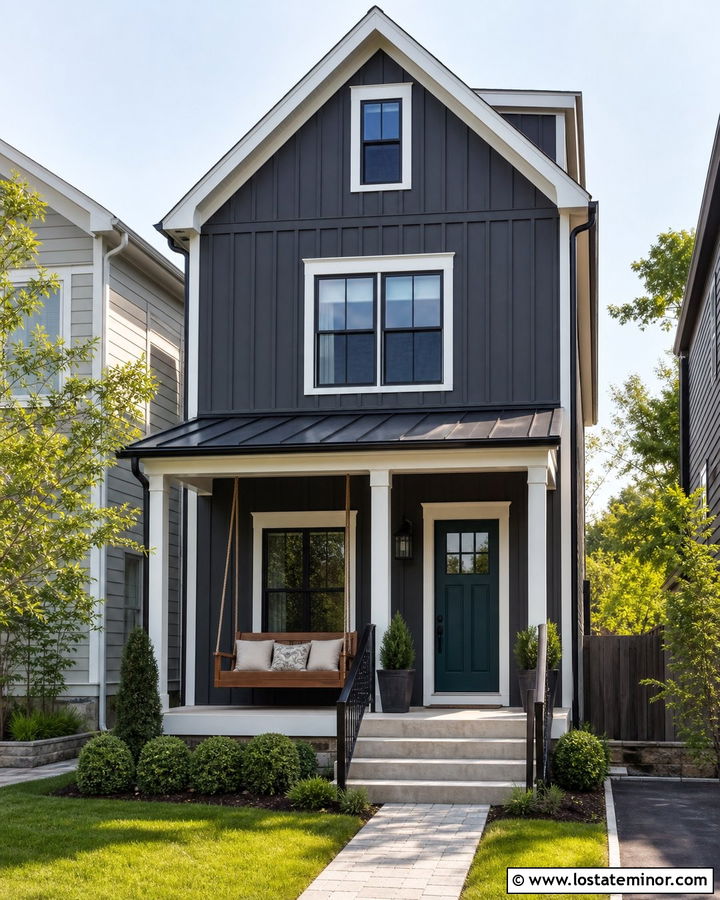 Charcoal Grey Townhouse With Compact Swing - 30 Charcoal Grey House Design With Swing Ideas
