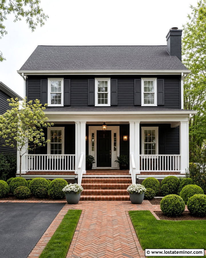 Charcoal Grey Traditional House With Brick Porch Floor - 30 Charcoal Grey House Design With Front Porch Ideas