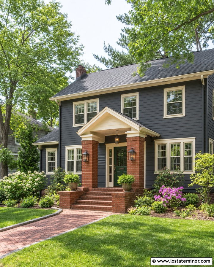 Charcoal Grey Traditional House With Brick Portico - 30 Charcoal Grey House Design With Portico Ideas