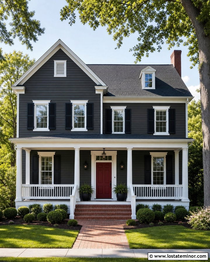 Charcoal Grey Traditional House With Red Front Door - 30 Charcoal Grey House Design With Front Porch Ideas