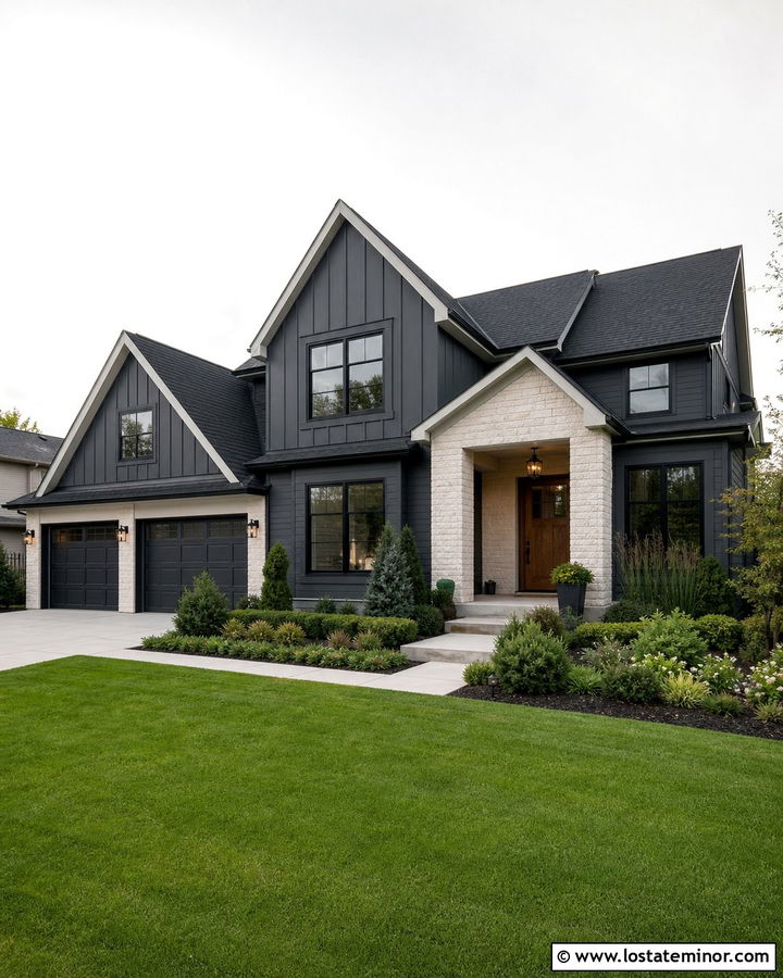 Charcoal Grey Transitional House With Asymmetrical Gables - 30 Charcoal Grey House Design With Gables Ideas