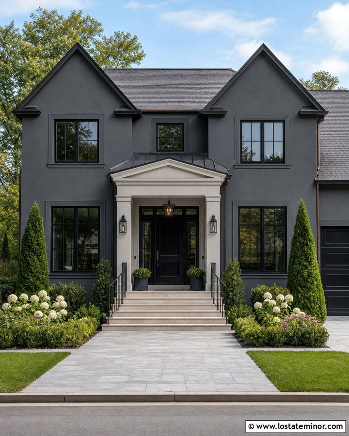 Charcoal Grey Transitional House With Black Door Portico - 30 Charcoal Grey House Design With Portico Ideas