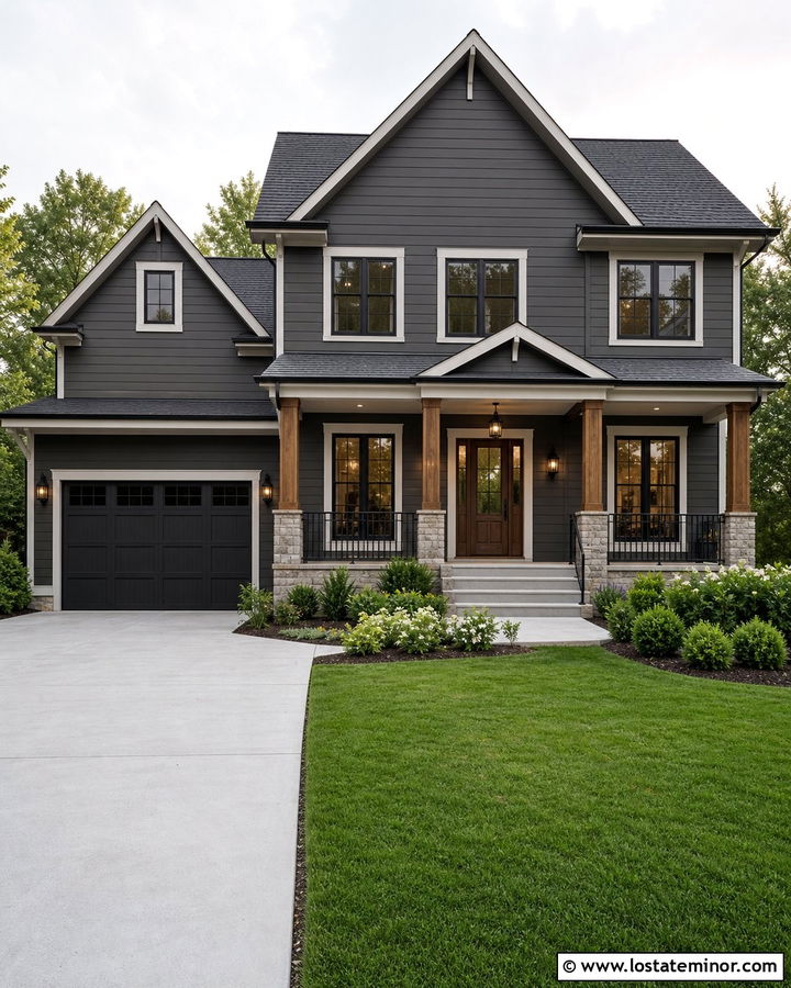 Charcoal Grey Transitional House With Black Porch Railing - 30 Charcoal Grey House Design With Front Porch Ideas