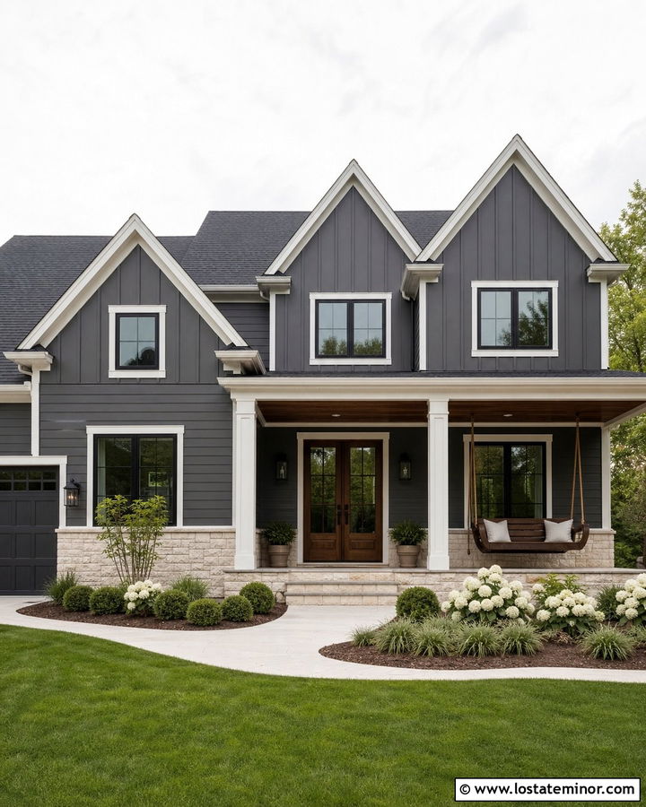 Charcoal Grey Transitional House With Curved Swing - 30 Charcoal Grey House Design With Swing Ideas
