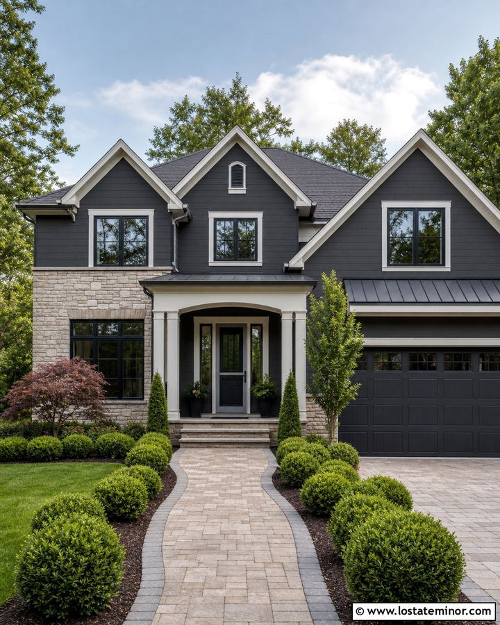 Charcoal Grey Transitional House With Light Grey Screen Door - 30 Charcoal Grey House Design With Screen Door Ideas