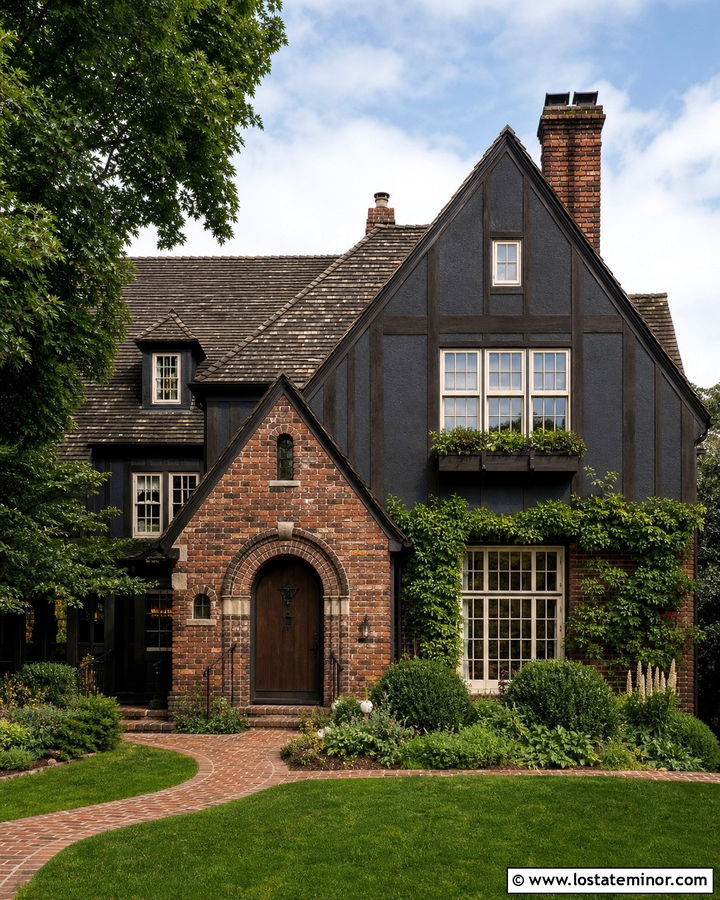 Charcoal Grey Tudor House With Brick Accents - 30 Charcoal Grey House Design With Brick Accents Ideas