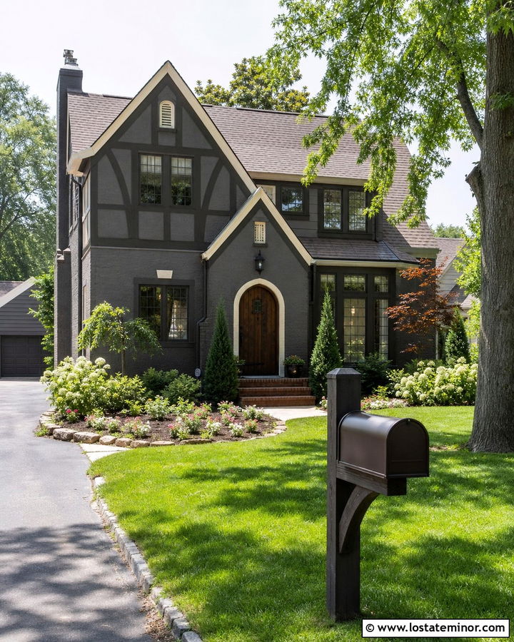 Charcoal Grey Tudor House With Bronze Mailbox - 30 Charcoal Grey House Design With Mailbox Ideas