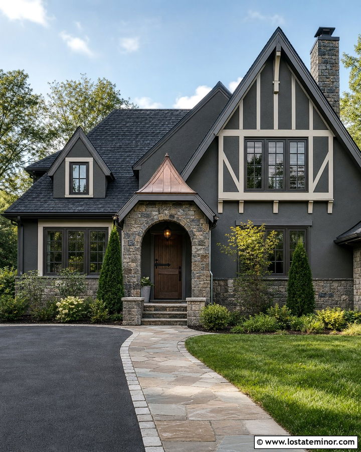 Charcoal Grey Tudor House With Copper Porch Accents - 30 Charcoal Grey House Design With Front Porch Ideas